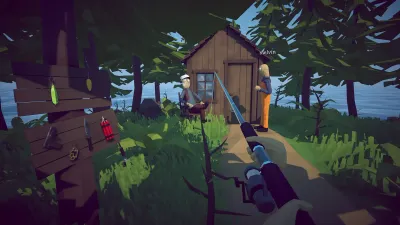 Captura oficial de How to Fish con la tienda del faro y un NPC